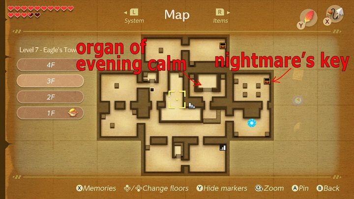 Maps of the Eagles Tower with the location of the most important items. - Eagles Tower | Links Awakening Walkthrough - Walkthrough - Links Awakening Guide