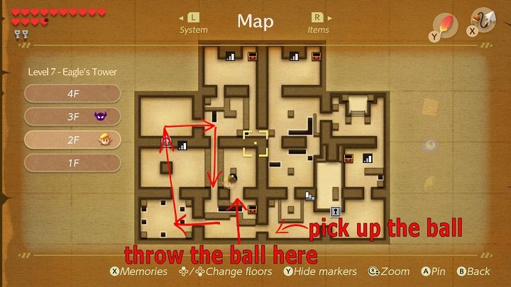 Pick up the ball, go back left and throw it into the corridor behind the railing - Eagles Tower | Links Awakening Walkthrough - Walkthrough - Links Awakening Guide
