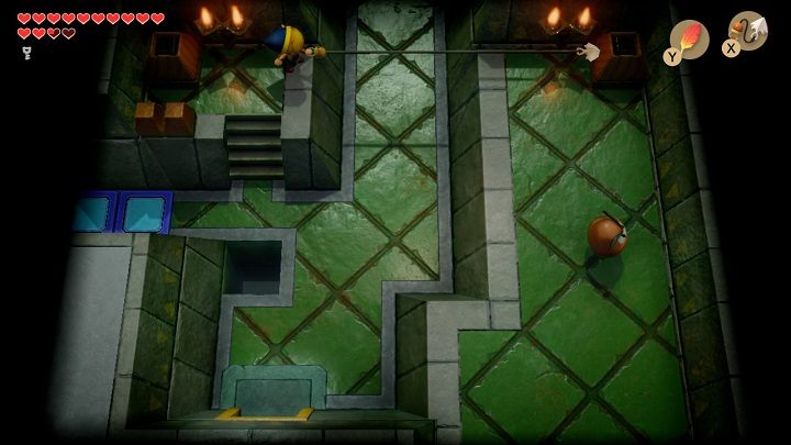 Climb the stairs on the left and use a Hookshot on the brick to get to the other side of the room - Eagles Tower | Links Awakening Walkthrough - Walkthrough - Links Awakening Guide