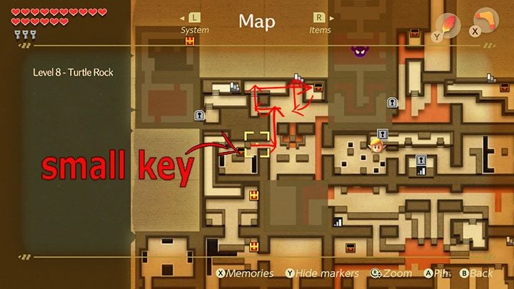 Move two bricks to get a Small Key from the chest and return to the previous room - Turtle Rock | Links Awakening Walkthrough - Walkthrough - Links Awakening Guide