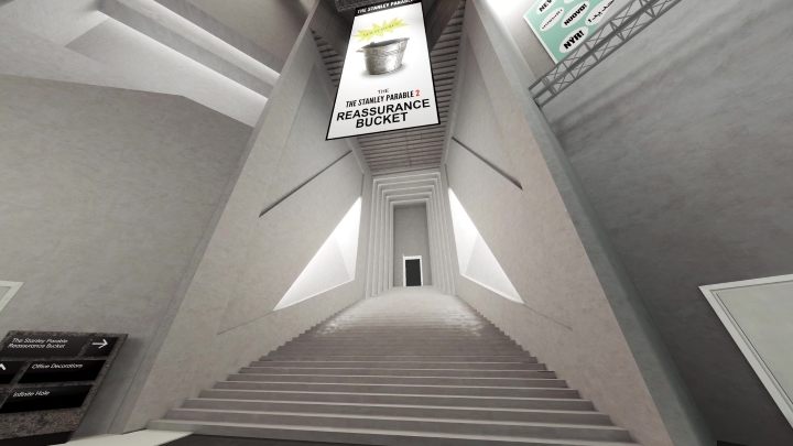 As you go ahead, you may see a large Reassurance Bucket sign - Stanley Parable Ultra Deluxe: New content - All endings - Stanley Parable Ultra Deluxe Guide