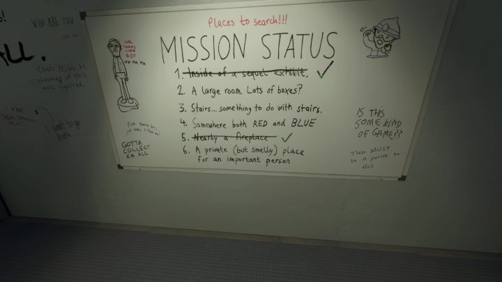 Once you find one figurine (not including the one in the exhibition hall), clues to the location of the other figurines will appear on the wall in the conference room - Stanley Parable Ultra Deluxe: New content - All endings - Stanley Parable Ultra Deluxe Guide