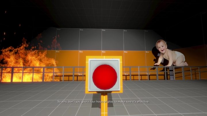 It involves pressing a red button for 4 hours to keep the cardboard cutout of a baby from crawling into fire - Stanley Parable Ultra Deluxe: Right door - all endings - All endings - Stanley Parable Ultra Deluxe Game Guide