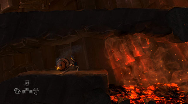 Roll the third barrel to the edge of the pit (remember to stand on its right side) with hot fumes and quickly roll it to the left when the fuse is lit - The Island - The Cave (generally accessible locations) - The Cave - Game Guide and Walkthrough