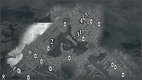 Markings on the map: 1 - Young couple (place of rest and a balcony located directly above it); 2 - Stairs leading to the castle walls; 3 - Interactive gargoyle; 4 - Passage leading to the balcony with Gabriellas presents; 5 - Suggested place for using the bow - Bound Until Death - The Dark Brotherhood quests - The Elder Scrolls V: Skyrim Game Guide
