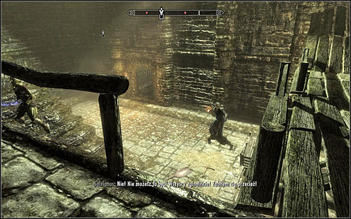 Be careful, as right after getting out of Esberns cell you will get attacked by enemies, who also have been searching for him - Escorting Esbern | Alduins Wall - Alduins Wall - The Elder Scrolls V: Skyrim Game Guide