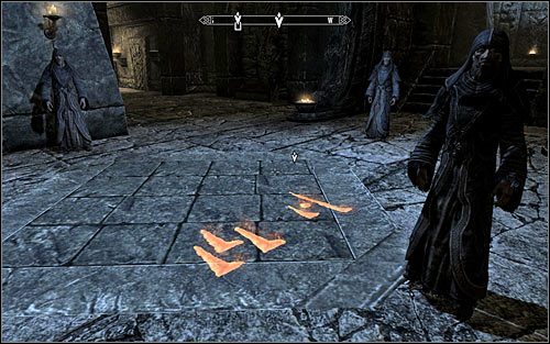 Follow Arngeir and after reaching the main room of the monastery, wait for a sign to appear on the floor (screen above) - Retrieving the Horn and giving it to the Greybeards | The Horn of Jurgen Windcaller - The Horn of Jurgen Windcaller - The Elder Scrolls V: Skyrim Game Guide