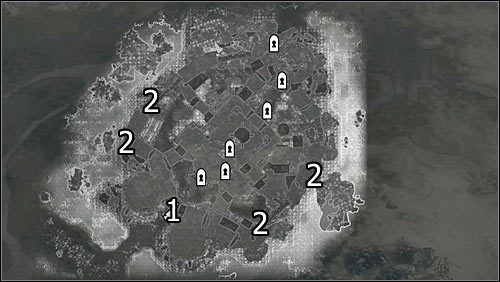 Labels on the map: 1 - main fort entrance; 2 - other easily accessed entrances into the fort (usually unguarded) - Battle for Fort Snowhawk | Stormcloak Rebellion Quests - Stormcloak Rebellion Quests - The Elder Scrolls V: Skyrim Game Guide