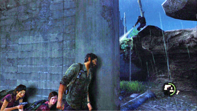 Machen Sie zunächst weiter;  Sobald sich der Soldat abwendet, schleichen Sie sich schnell zur Wand nach rechts – Komplettlösung zu The Last of Us: Outside, The Outskirts – The Outskirts – The Last of Us Guide