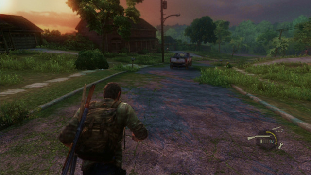 차가 언덕 아래로 굴러간 후에는 차까지 달려가 적을 몰아낸 후 차에 올라타야 합니다(삼각형) - The Last of Us: High School Escape, Bills Town Walkthrough, 지도 - Bills Town - 라스트 오브 어스 가이드