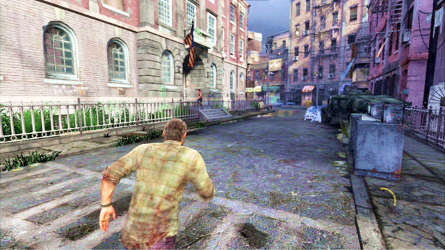 A moment later, there will be an explosion, after which you need to turn around (pull the left analog stick down + X) and follow your companion (press and hold down the L2 button) - 20 Years Later | The Quarantine Zone | The Last of Us Walkthrough - The Quarantine Zone - The Last of Us Guide