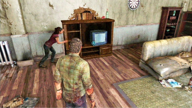 As you follow Tess, you will reach a room with a cabinet blocking further passage - 20 Years Later | The Quarantine Zone | The Last of Us Walkthrough - The Quarantine Zone - The Last of Us Guide