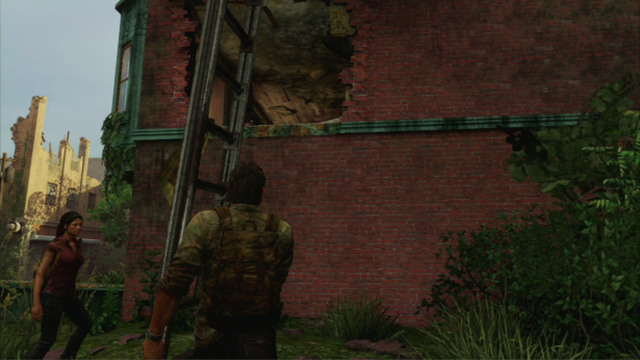 Press the triangle to pick up the ladder, and lean it against the wall, under the hole, by using the same button - Beyond the Wall (text & map) | The Quarantine Zone | The Last of Us Walkthrough - The Quarantine Zone - The Last of Us Guide