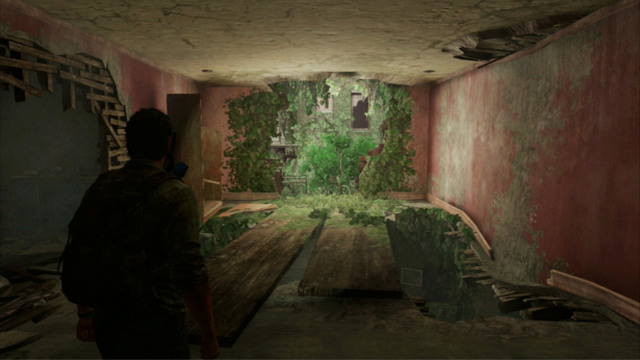Upstairs, you will notice a big hole in the wall, which you need to take to leave the building - Beyond the Wall (text & map) | The Quarantine Zone | The Last of Us Walkthrough - The Quarantine Zone - The Last of Us Guide