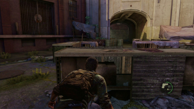 To eliminate the enemies, sneak over to the crates to the left and hide behind them to attack them from the side - The Slum (text & maps) | The Quarantine Zone | The Last of Us Walkthrough - The Quarantine Zone - The Last of Us Guide