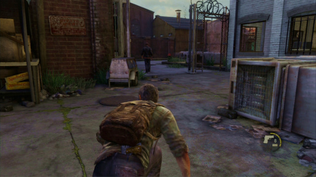Start the hunt by attacking the bandit walking on the left - The Slum (text & maps) | The Quarantine Zone | The Last of Us Walkthrough - The Quarantine Zone - The Last of Us Guide