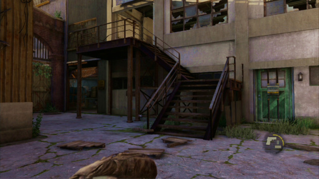 This will enable you to strangle the first one, climb up the stairs and eliminate the other one without any problems - The Slum (text & maps) | The Quarantine Zone | The Last of Us Walkthrough - The Quarantine Zone - The Last of Us Guide
