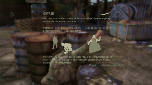There is a knife on top of the barrels, which you can use in a way similar to strangling - by pressing the triangle instead of the square - The Slum (text & maps) | The Quarantine Zone | The Last of Us Walkthrough - The Quarantine Zone - The Last of Us Guide