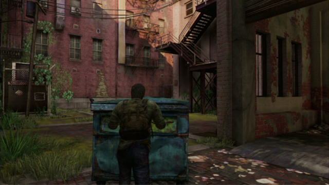 To reach the fire escape, you need to find a nearby container and keep pushing it until you will be able to reach the steps - The Cargo (text & map) | The Quarantine Zone | The Last of Us Walkthrough - The Quarantine Zone - The Last of Us Guide