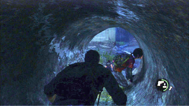 After it finishes, crouch and walk over to the other end of the tunnel - Outside | The Outskirts | The Last of Us Walkthrough - The Outskirts - The Last of Us Guide
