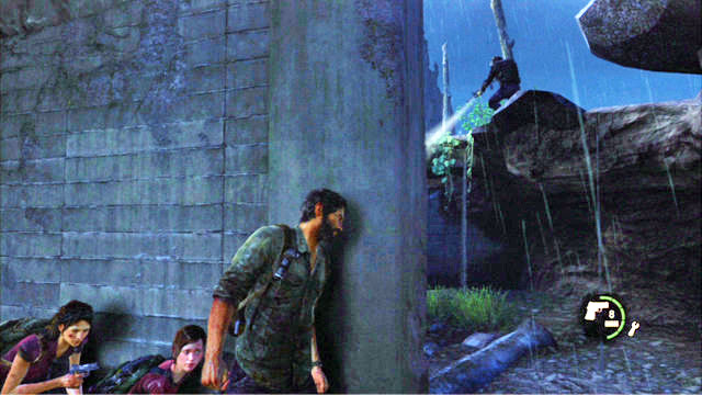 At first, go ahead; as soon as the soldier turns away, sneak quickly to the wall to the right - Outside | The Outskirts | The Last of Us Walkthrough - The Outskirts - The Last of Us Guide