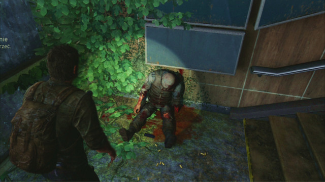 On the landing, there is another dead soldier - Downtown (text & maps) | The Outskirts | The Last of Us Walkthrough - The Outskirts - The Last of Us Guide