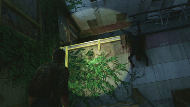 Go left to reach a tall wall with a corpse hanging down from it - Downtown (text & maps) | The Outskirts | The Last of Us Walkthrough - The Outskirts - The Last of Us Guide