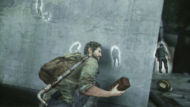 Listen out and wait for the enemy that is standing closest to you, approaches the water that is flowing down and turns away - Downtown (text & maps) | The Outskirts | The Last of Us Walkthrough - The Outskirts - The Last of Us Guide