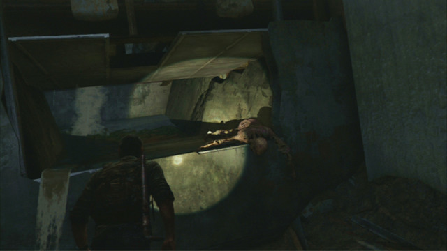Climb to the higher level and walk through the narrow tunnel - Downtown (text & maps) | The Outskirts | The Last of Us Walkthrough - The Outskirts - The Last of Us Guide