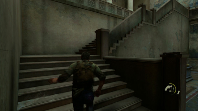 As soon as it is over, run up the stairs to the left and keep going right - The Capitol Building (text & maps) | The Outskirts | The Last of Us Walkthrough - The Outskirts - The Last of Us Guide