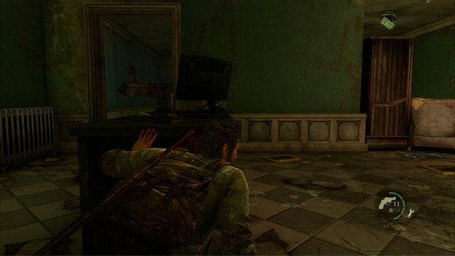 Right after you obtain the new piece of weaponry, go to the room at the left end and take cover behind the desk in the left corner of the room - The Capitol Building (text & maps) | The Outskirts | The Last of Us Walkthrough - The Outskirts - The Last of Us Guide