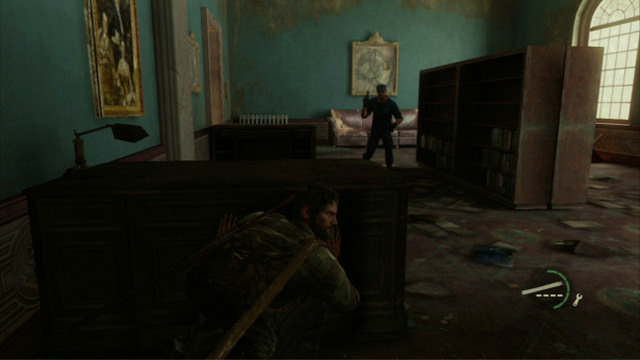 As soon as the third one drops dead, go right and kill the man walking between the chest and the shelf - The Capitol Building (text & maps) | The Outskirts | The Last of Us Walkthrough - The Outskirts - The Last of Us Guide