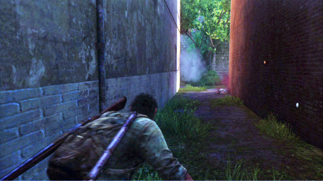 If you take a left turn behind the music shop, you will witness a clickers death after it walked into a trap - The Woods | Bills Town | The Last of Us Walkthrough - Bills Town - The Last of Us Guide