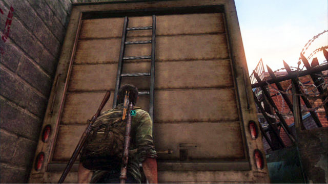 Reach the end of the alley, pick up the arrows stuck in the corpse and climb up to the trucks roof by climbing the ladder that you can find nearby - The Woods | Bills Town | The Last of Us Walkthrough - Bills Town - The Last of Us Guide