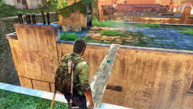 You will then be able to climb the ladder, collect the plank and throw it over to the rooftop of the nearby building - The Woods | Bills Town | The Last of Us Walkthrough - Bills Town - The Last of Us Guide