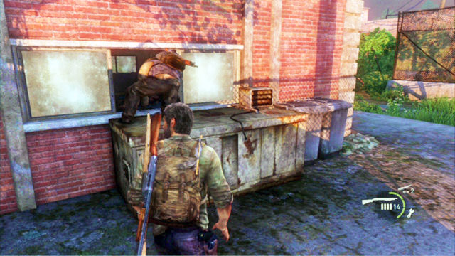 You will find there a small window which you can follow your companions through - Graveyard | Bills Town | The Last of Us Walkthrough - Bills Town - The Last of Us Guide