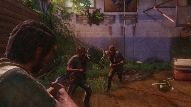 At the very beginning of the fight, focus on the left corner of this location - High School Escape (text & map) | Bills Town | The Last of Us Walkthrough - Bills Town - The Last of Us Guide