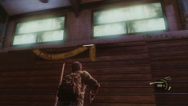 When the beast falls dead, explore the area it came from and then, help your companion climb onto the platform next to the window - High School Escape (text & map) | Bills Town | The Last of Us Walkthrough - Bills Town - The Last of Us Guide