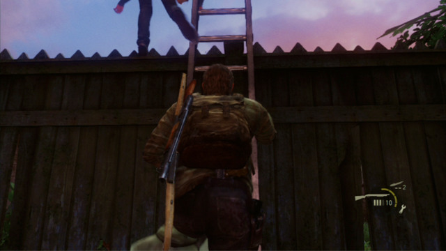 After you make it out, keep following Bill until you reach a ladder leaning against the fence - High School Escape (text & map) | Bills Town | The Last of Us Walkthrough - Bills Town - The Last of Us Guide
