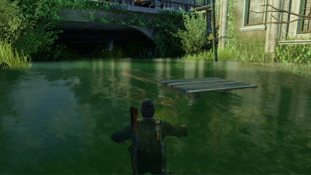 After the cutscene finishes, walk into the water and keep swimming ahead, until you see a drifting plank - Alone and Forsaken (text & map) | Pittsburgh | The Last of Us Walkthrough - Pittsburgh - The Last of Us Guide