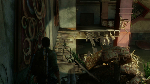 Then, go right and walk, slowly around the hole in the ground - Hotel Lobby (text & maps) | Pittsburgh | The Last of Us Walkthrough - Pittsburgh - The Last of Us Guide