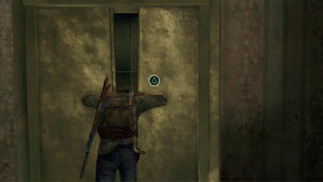 Upstairs there is an inactive elevator shaft, which you can access by pressing the triangle - Hotel Lobby (text & maps) | Pittsburgh | The Last of Us Walkthrough - Pittsburgh - The Last of Us Guide