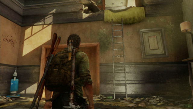 After you are saved by Ellie, climb the ladder again and go left - Hotel Lobby (text & maps) | Pittsburgh | The Last of Us Walkthrough - Pittsburgh - The Last of Us Guide