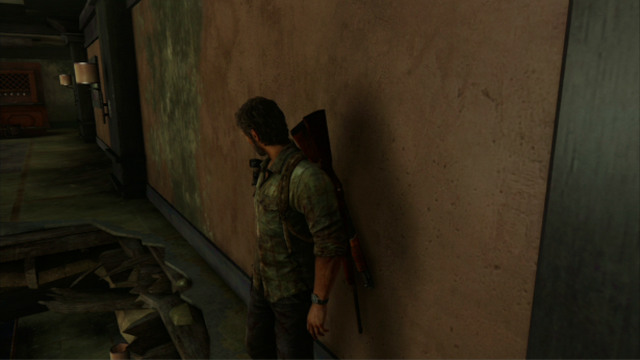 To the left, there is a hole in the floor, which you should slip by - Hotel Lobby (text & maps) | Pittsburgh | The Last of Us Walkthrough - Pittsburgh - The Last of Us Guide