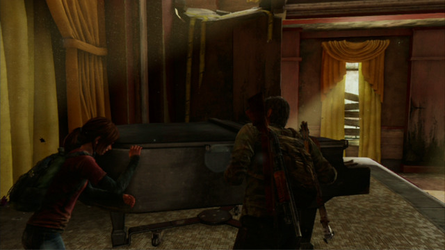 You need to move the instrument over to the nearest wall and climb over it - Hotel Lobby (text & maps) | Pittsburgh | The Last of Us Walkthrough - Pittsburgh - The Last of Us Guide