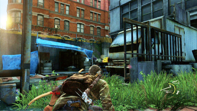 Use your bow to shoot him as soon as he turns away, and walk over to the wall on the right - Financial District | Pittsburgh | The Last of Us Walkthrough - Pittsburgh - The Last of Us Guide