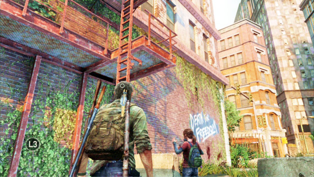 To go further, approach the fire escape next to the tank and give Ellie a boost - Financial District | Pittsburgh | The Last of Us Walkthrough - Pittsburgh - The Last of Us Guide