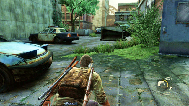 For the time being, walk over to the other side of the building and kill the nearest enemy, while watching out for the bush (if you touch it, this will alarm the enemy) - Financial District | Pittsburgh | The Last of Us Walkthrough - Pittsburgh - The Last of Us Guide
