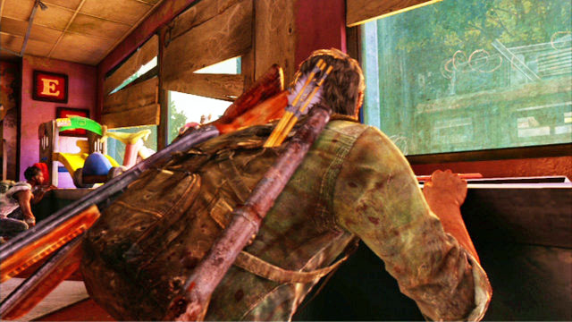 Inside the toy store, you need to make a short stop because of the car going nearby - Escape the City | Pittsburgh | The Last of Us Walkthrough - Pittsburgh - The Last of Us Guide