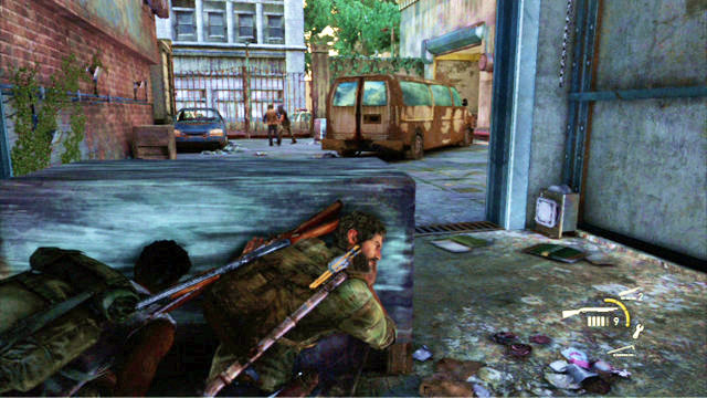 Once the car drives away, walk outside through the back door and get ready to meet three bandits - Escape the City | Pittsburgh | The Last of Us Walkthrough - Pittsburgh - The Last of Us Guide